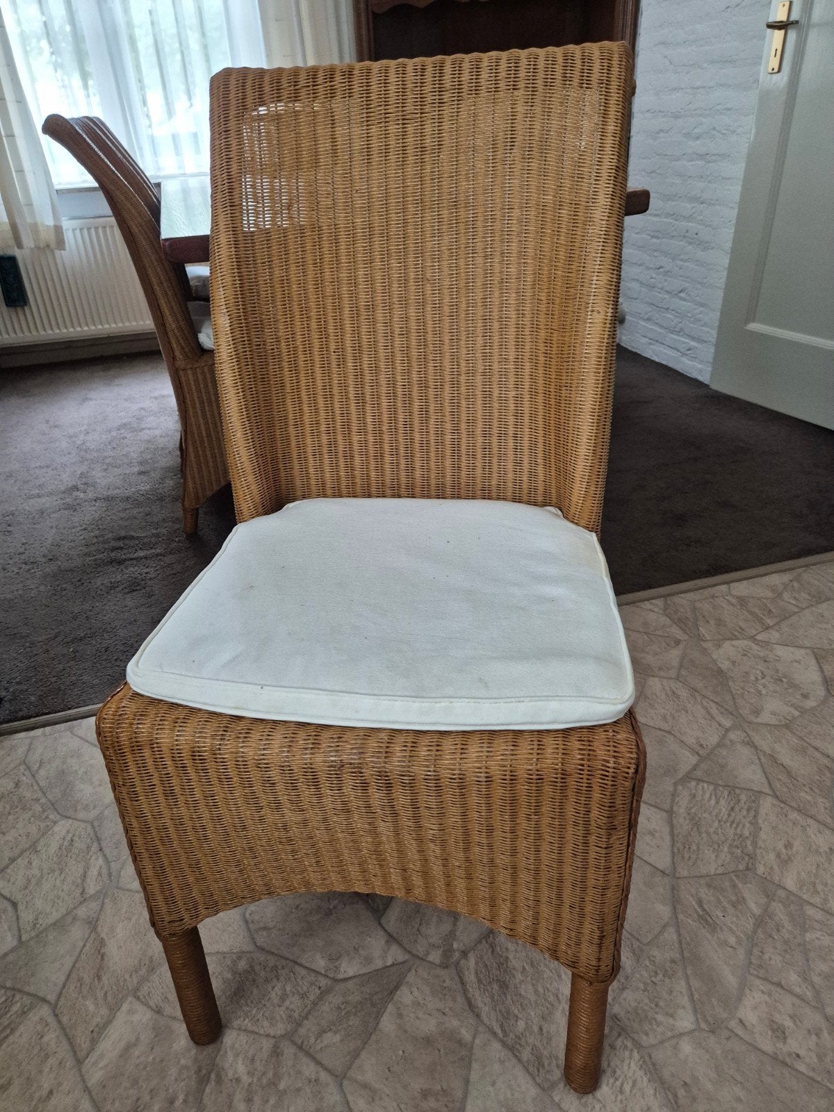 Te koop: zes rieten stoelen., Ophalen, Gebruikt, Bruin, Riet of Rotan