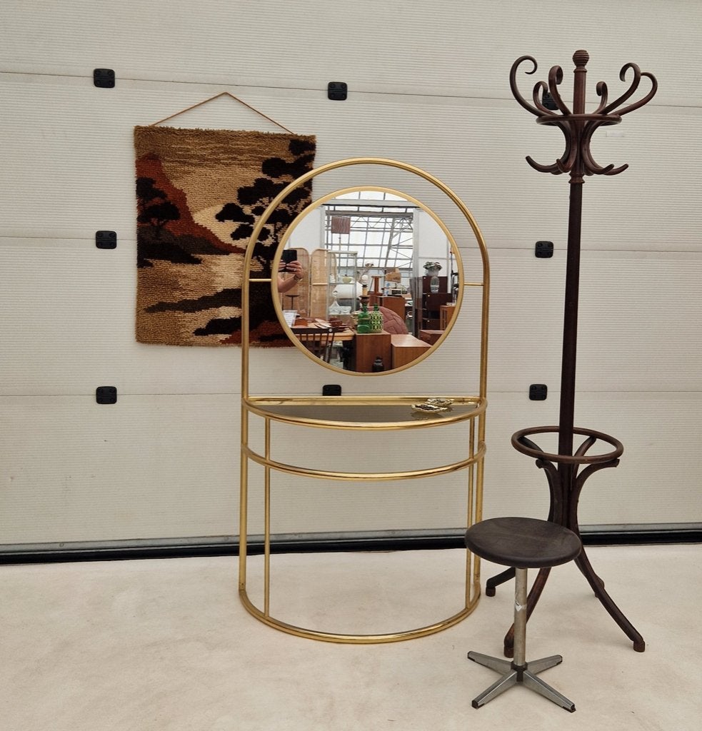 Vintage messing kaptafel met grote ronde spiegel, 90cm, Ophalen, Overige materialen, ., 50 tot 100 cm