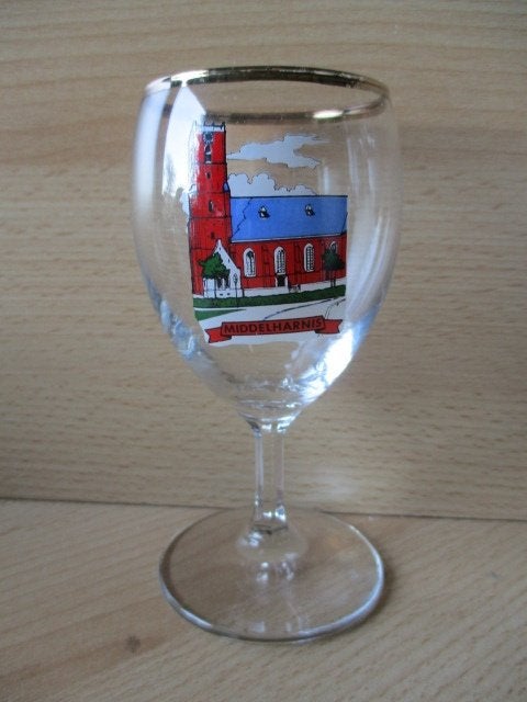 Souvenirglas Middelharnis Grote of Sint-Michaëlskerk 12cm'80, Ophalen of Verzenden, Zo goed als nieuw, Bierglas