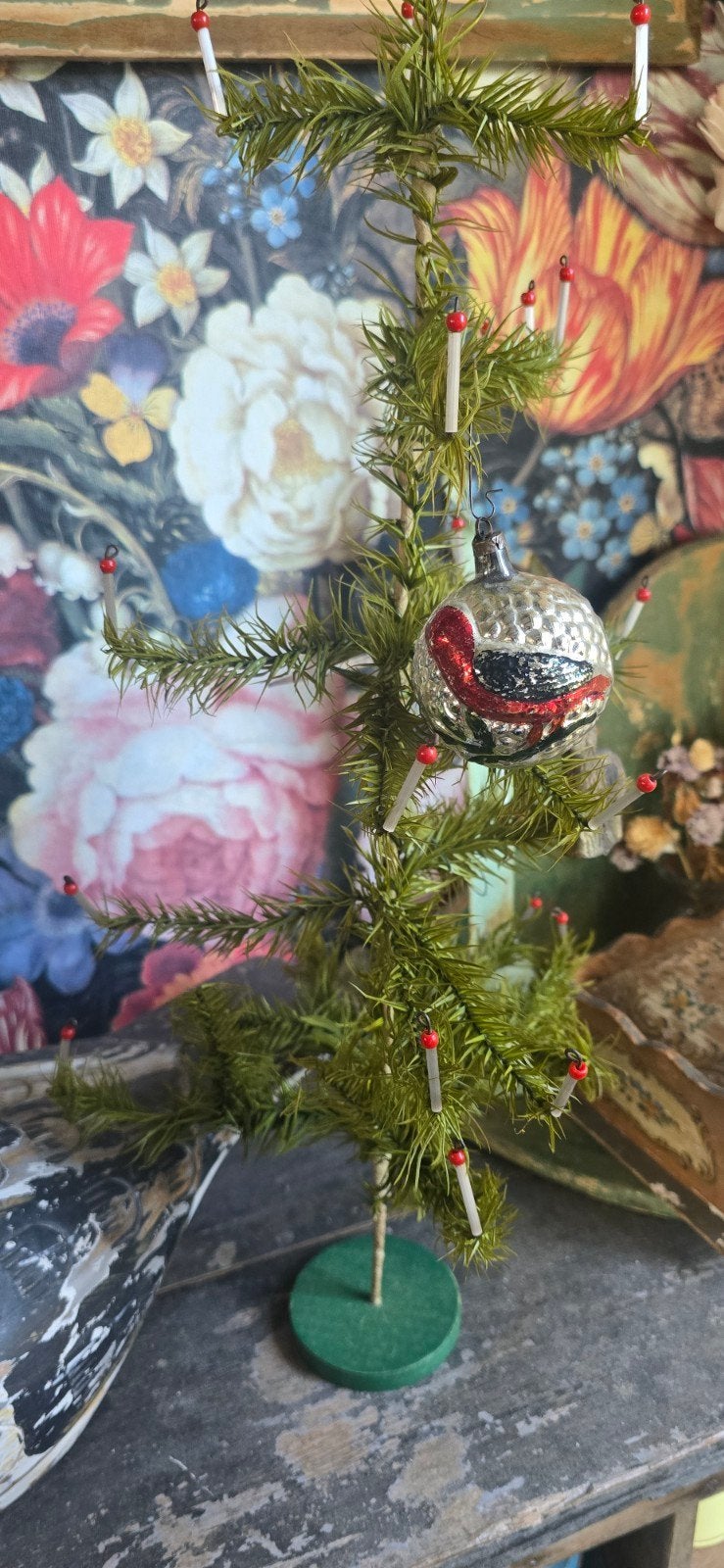 Oude glazen kerstbal met gekleurde vogel, Ophalen of Verzenden