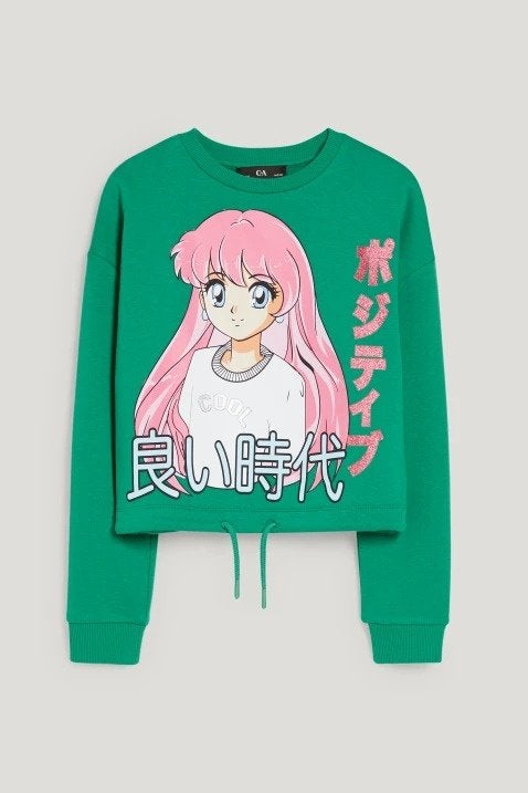 Groen sweater animé print maat 134/140, Ophalen of Verzenden, Gebruikt, Meisje, Trui of Vest