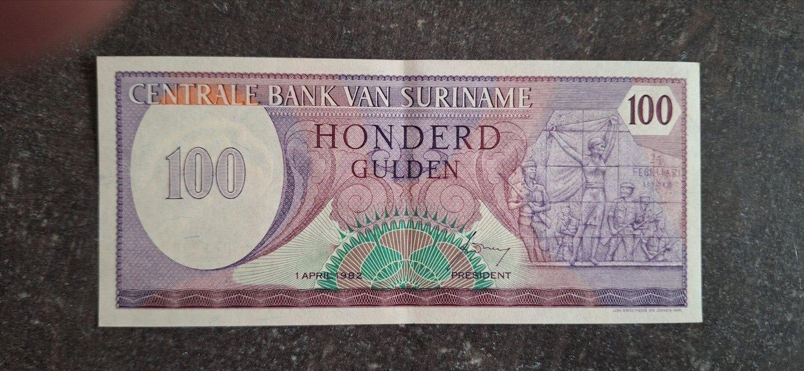 Suriname 100 gulden 1982 Pr/Pr+. ( Zeldzaam! )., Ophalen of Verzenden, Zuid-Amerika