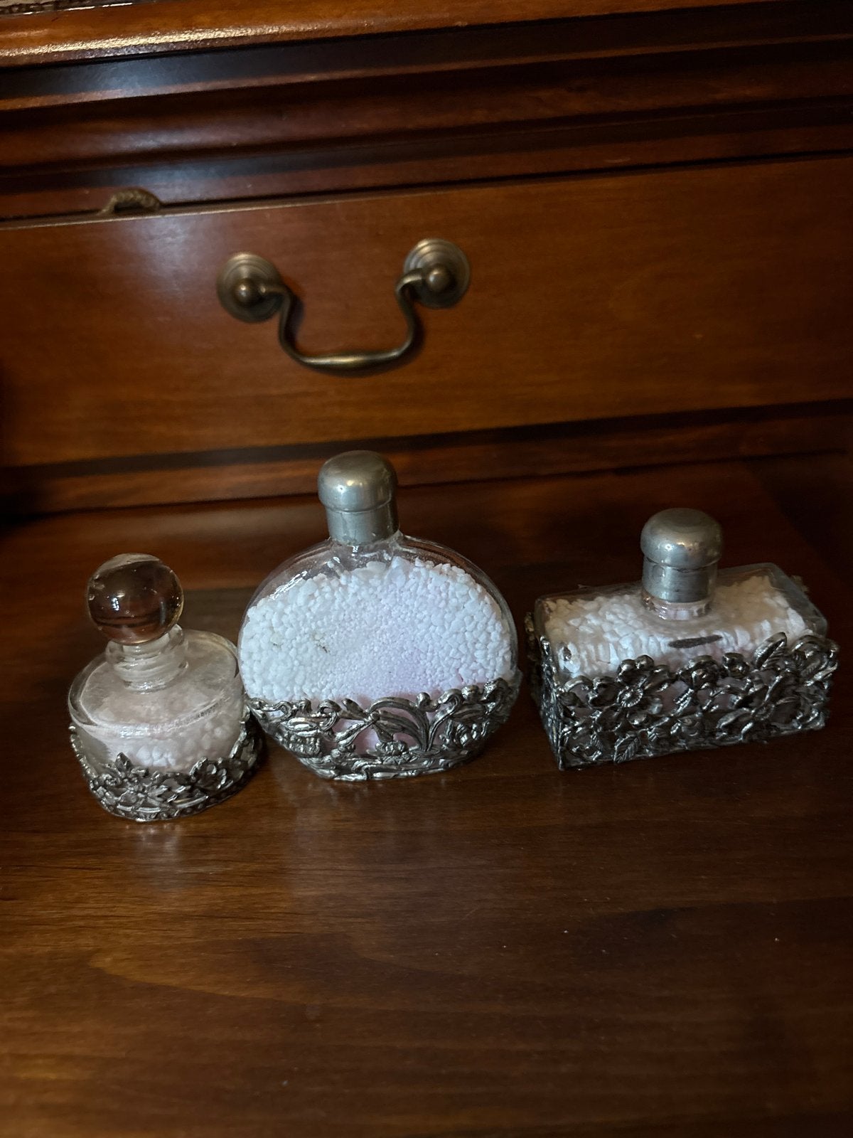 Set van 3 antieke perfume fles met zilveren montuur, Ophalen of Verzenden