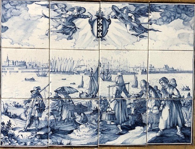 Koopmans vrouwtje  aan de kade in AMSTERDAM, tegel tableaux, Antiek en Kunst, Ophalen of Verzenden