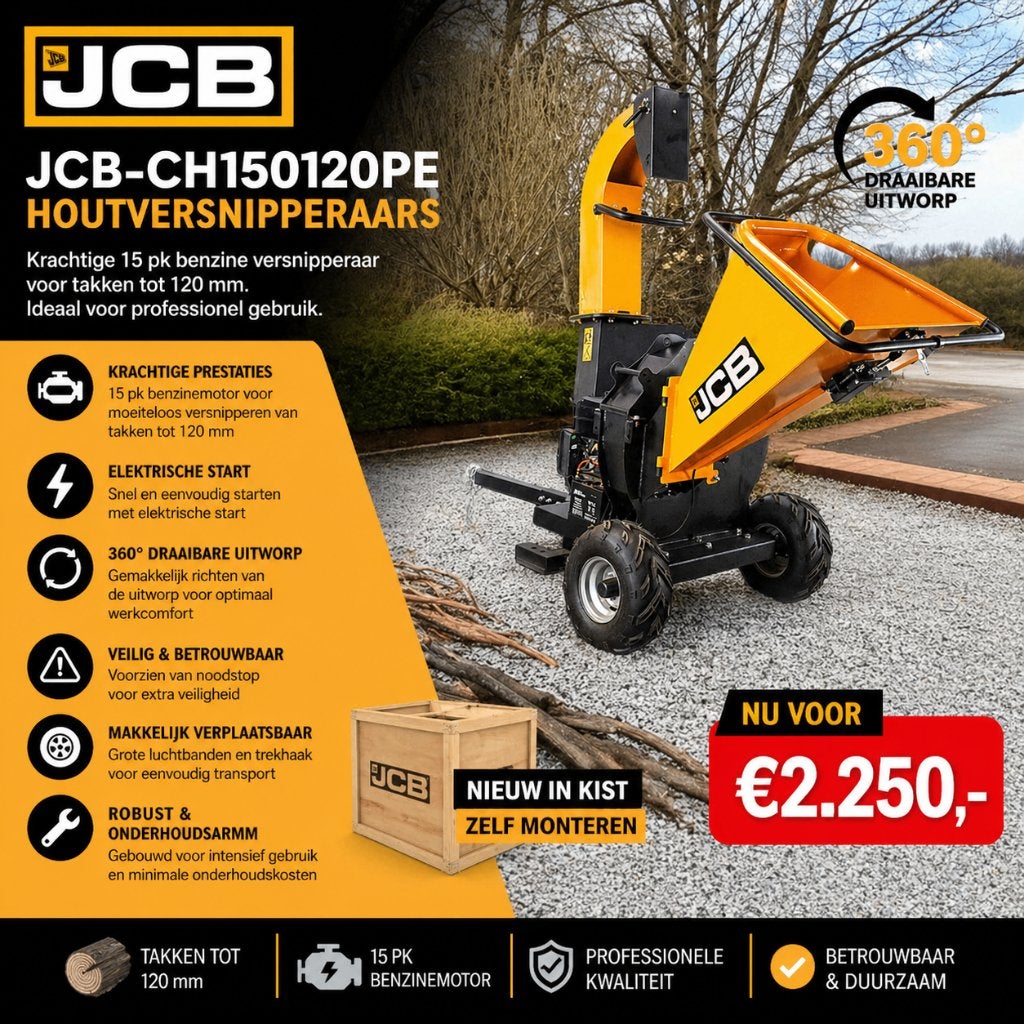 Nieuwe JCB-CH150120PE houtversnipperaar stammen tot 120 mm, Tuin en Terras, Hakselaars, Ophalen of Verzenden, Nieuw, Benzine, Jcb