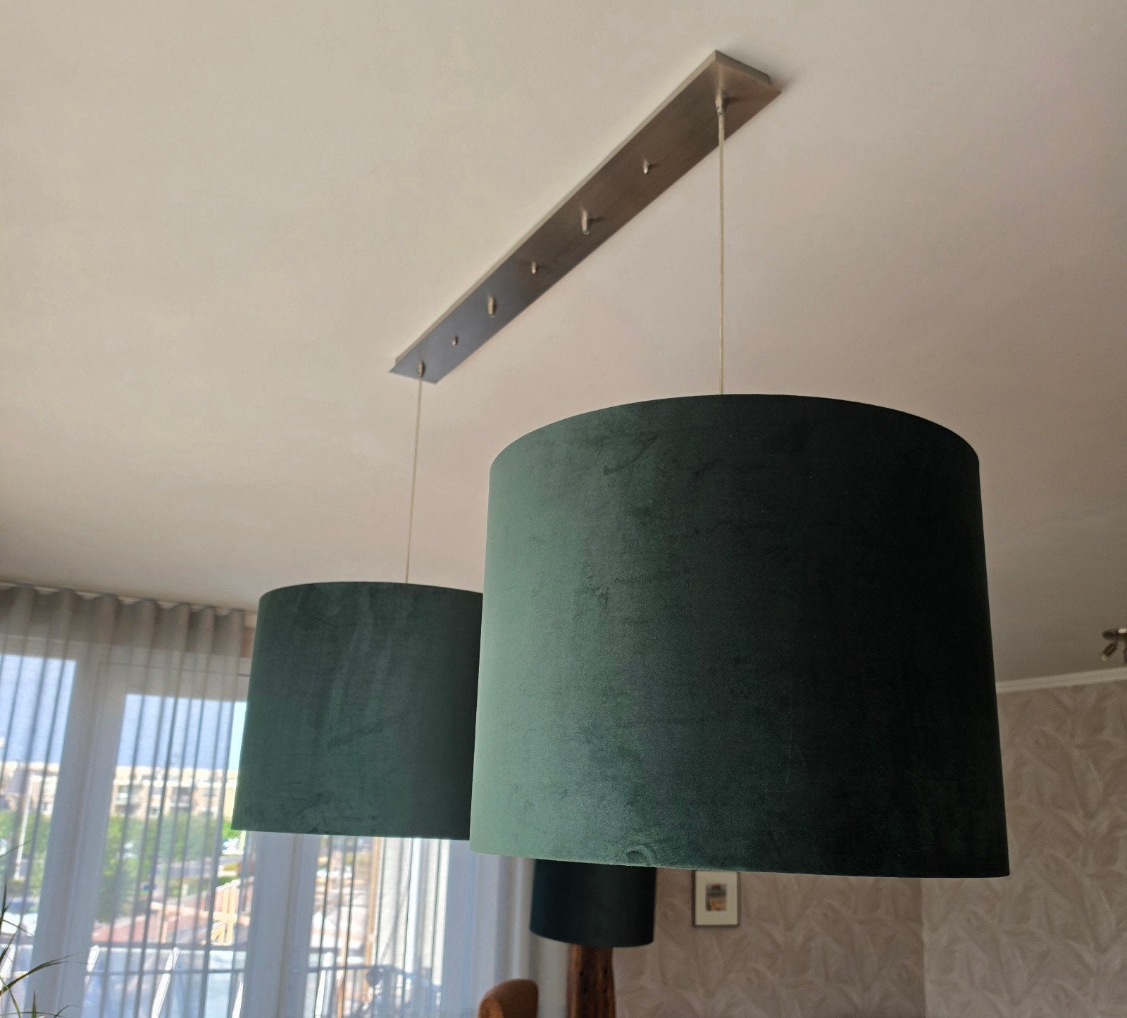 Prachtige hanglamp met 2 groene kappen, Ophalen, Zo goed als nieuw, Textiel