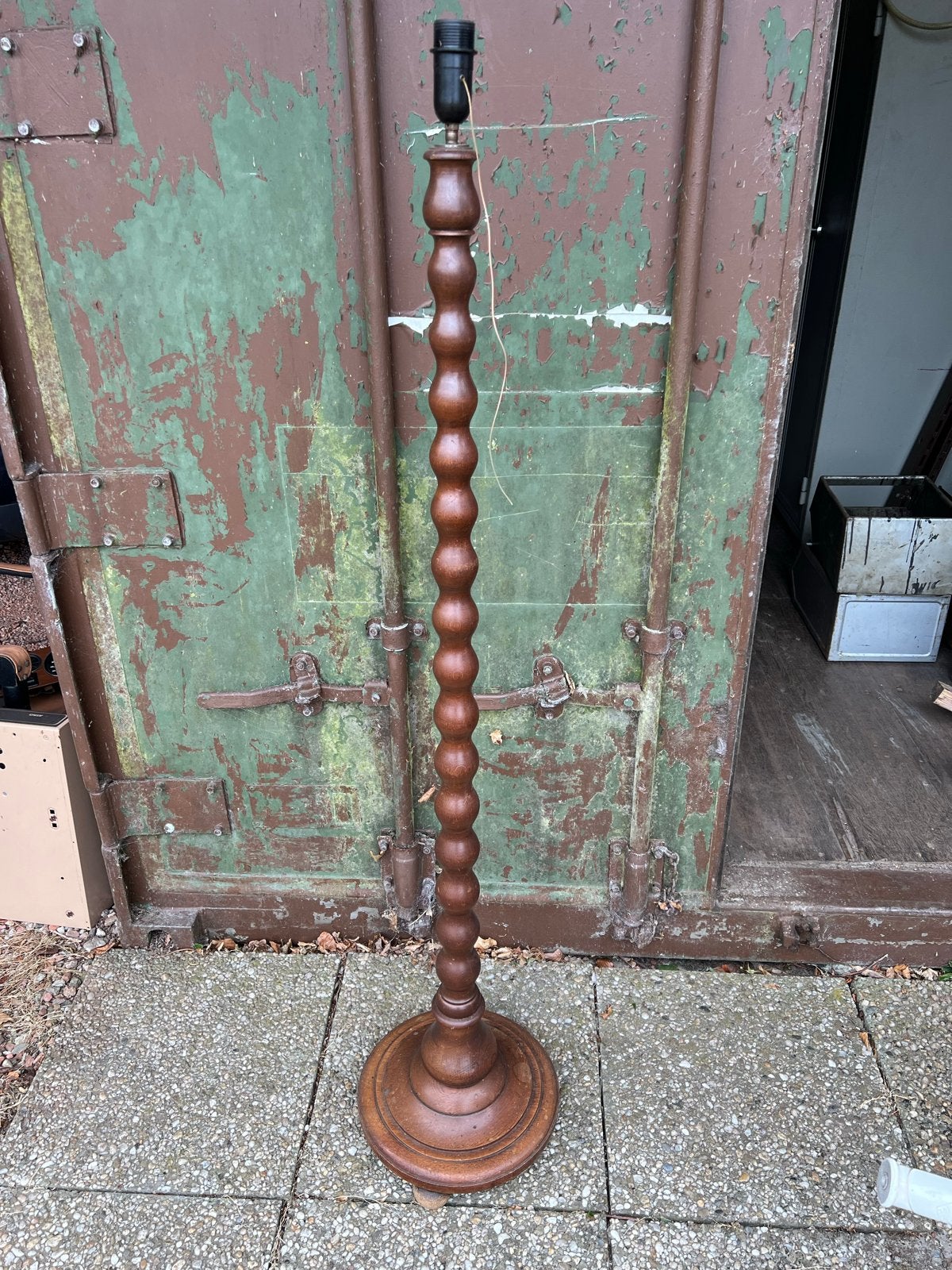 Vintage Houten Vloerlamp - Bolvormige Spindel, Ophalen, Gebruikt, E27 (groot), 150 tot 200 cm
