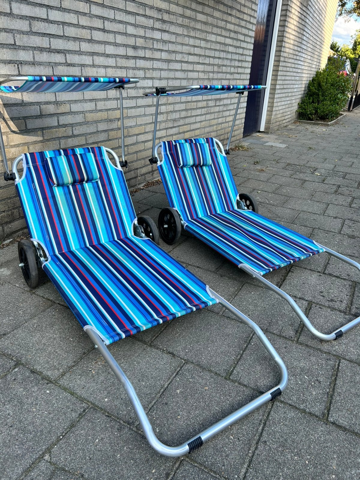 2x Strandstoel en trolley in 1 (prijs voor 2 stuks), Tuin en Terras, Ophalen of Verzenden, Zo goed als nieuw, Aluminium, Verstelbaar