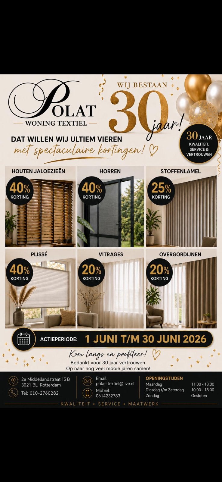 40 procent korting op horren, houten jaloezieen, plisse, Huis en Inrichting, Stoffering | Gordijnen en Lamellen, Ophalen of Verzenden