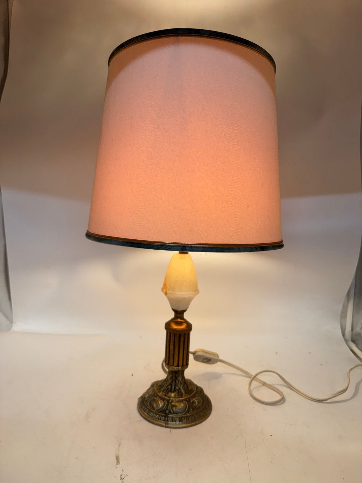 Vintage Schemerlamp | Messing & Onyx Marmer met Kap, Ophalen of Verzenden