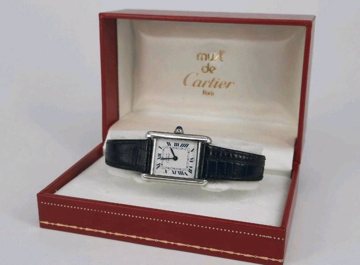 Originele Cartier Tank Must 925 blue dail, Sieraden, Tassen en Uiterlijk, Horloges | Antiek, Overige merken, Zilver, Ophalen of Verzenden