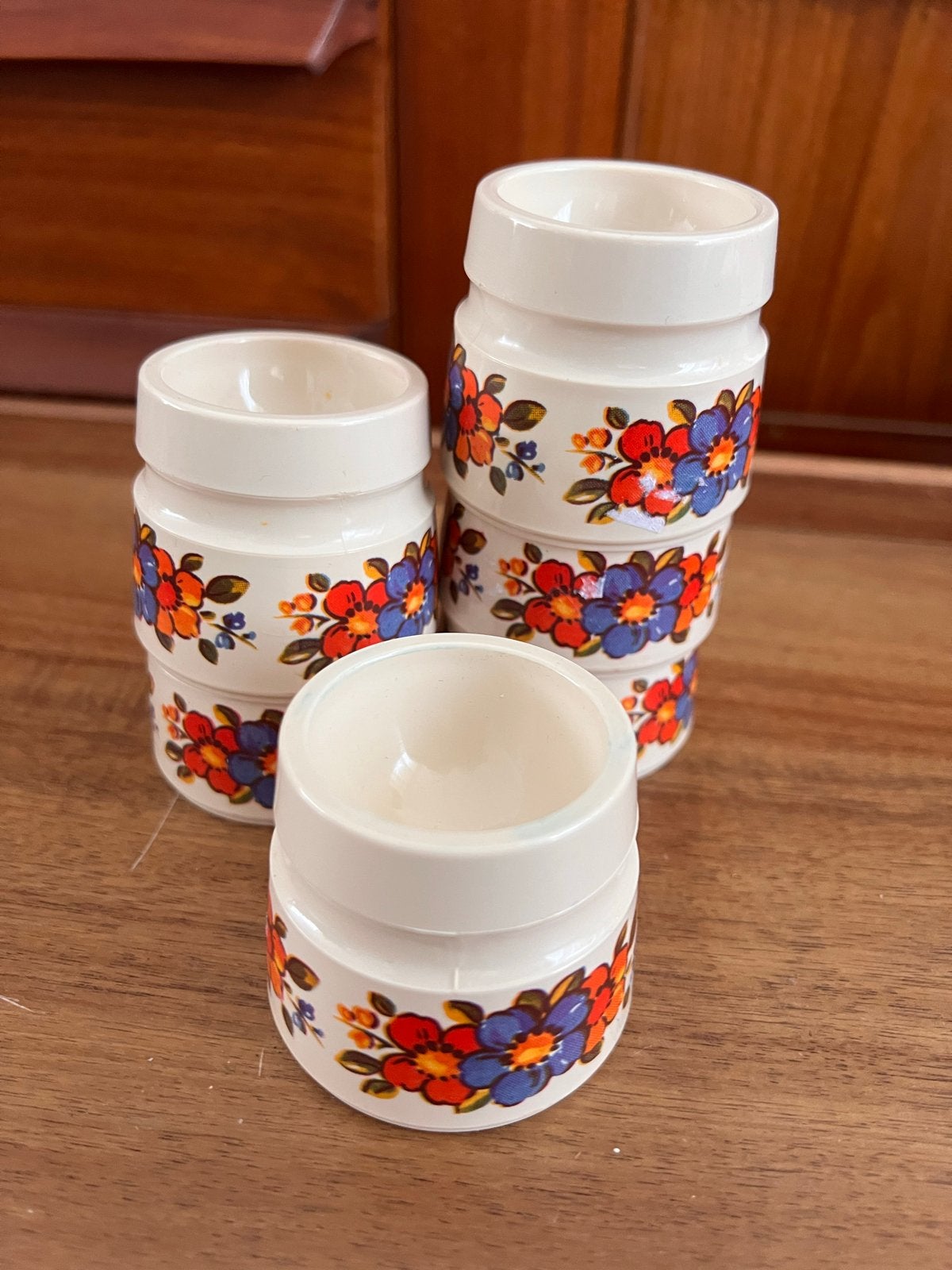 Zes vintage Emsa Bologna eierdopjes met bloemendesign, Ophalen of Verzenden