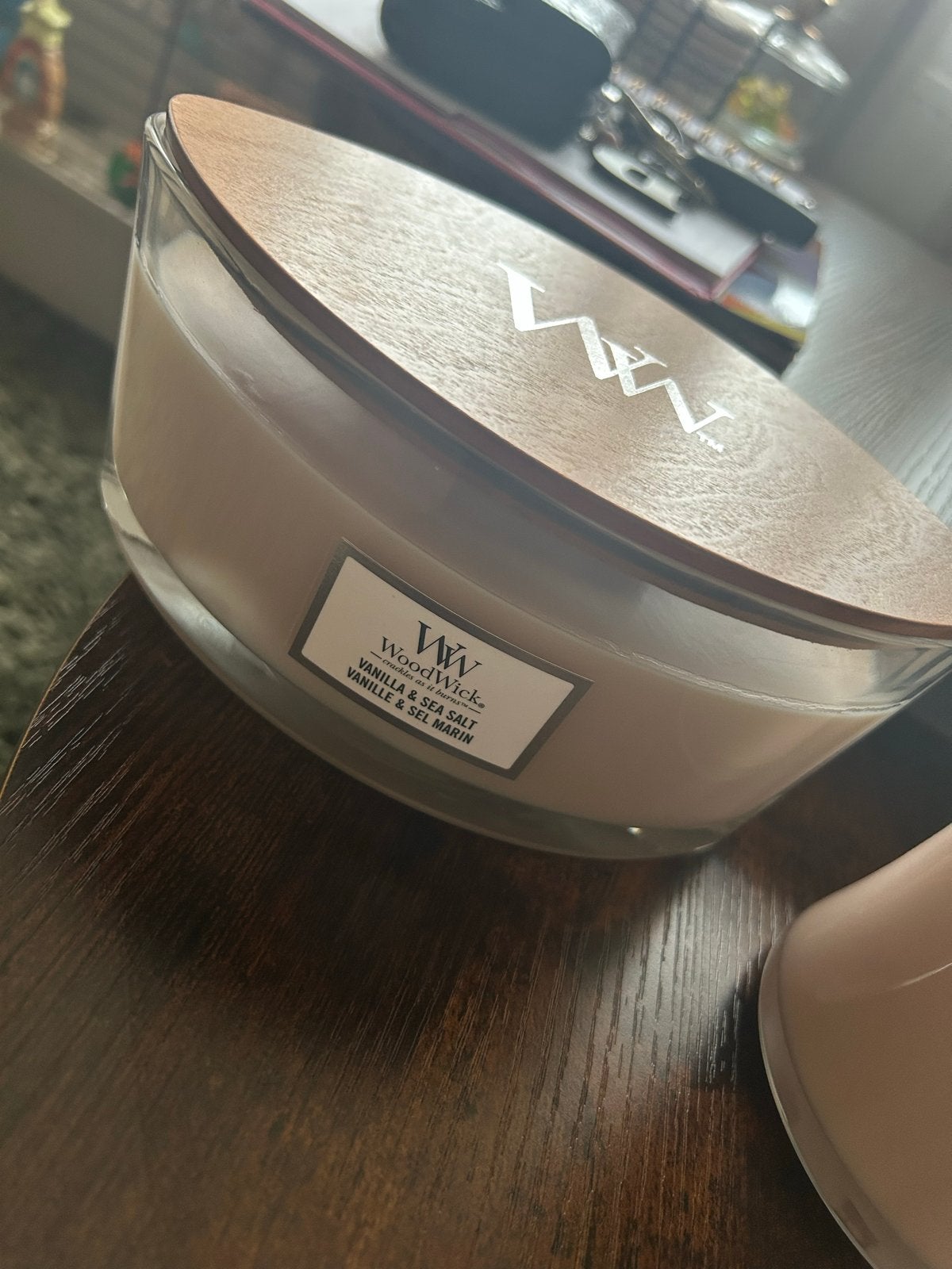 Woodwick Geurkaarsen - Vanille & Zeezout, Ophalen, Zo goed als nieuw, Beige, Glas