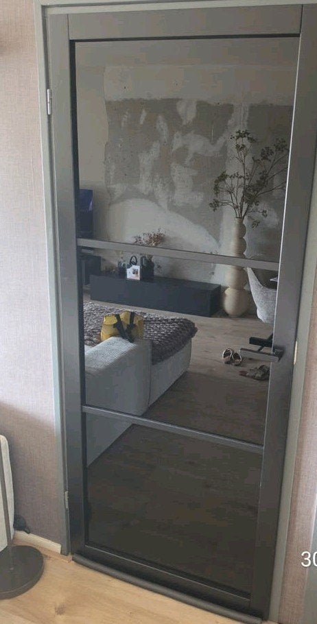 te koop staallook binnendeur opdek. mooi smoke glas, Ophalen, 80 tot 100 cm, Binnendeur, 200 tot 215 cm