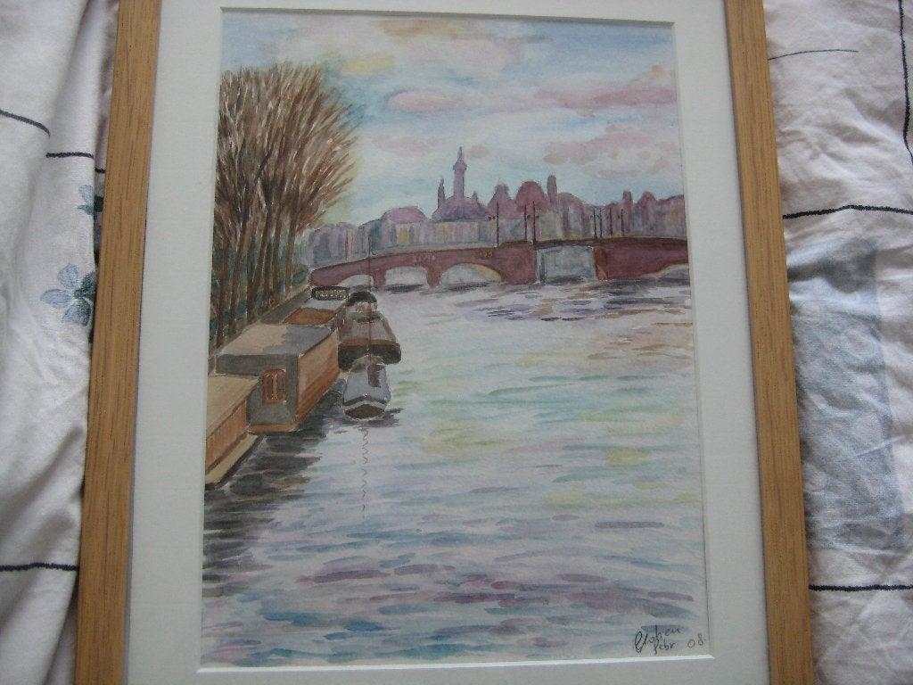 Aquarel schilderij: Amsterdamse gracht, met lijst, Antiek en Kunst, Ophalen of Verzenden, Papier/karton, Aquarel, Stadsgezicht