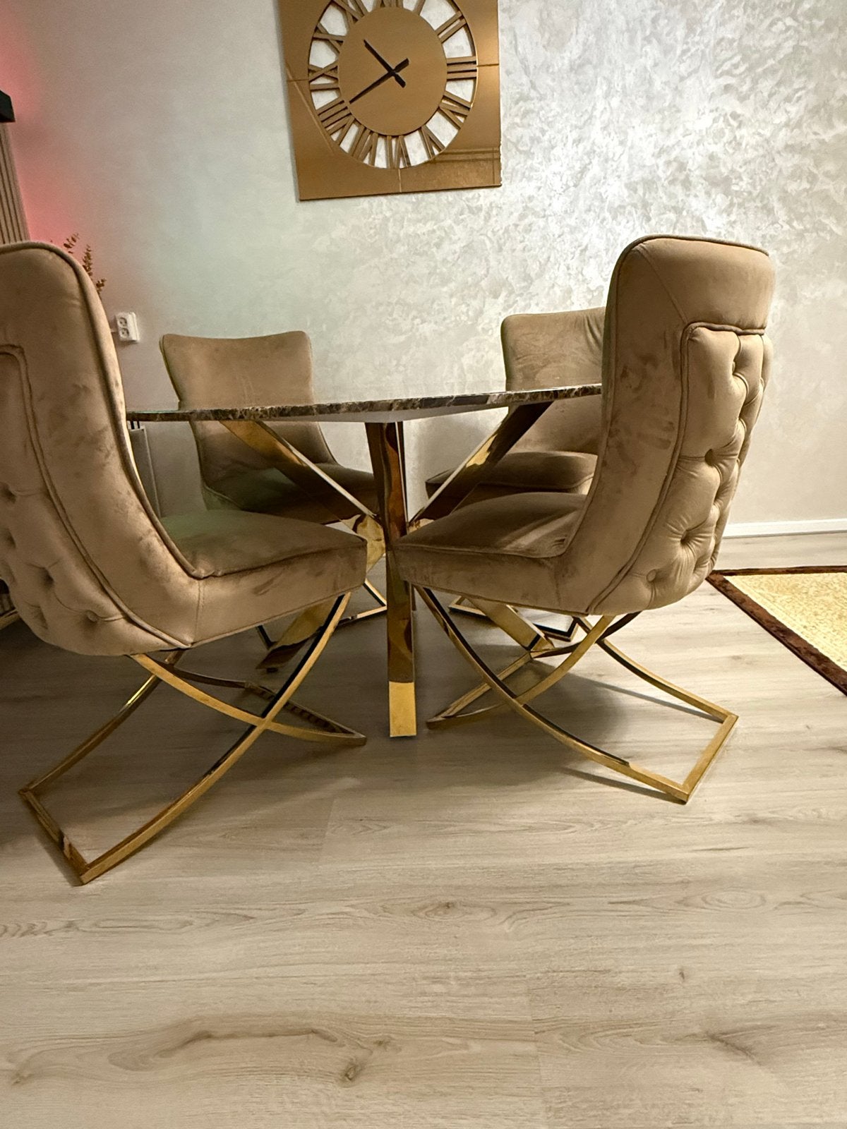 Marmer eettafel Gouden Onderstel, Ophalen, 100 tot 150 cm, Zo goed als nieuw, Metaal