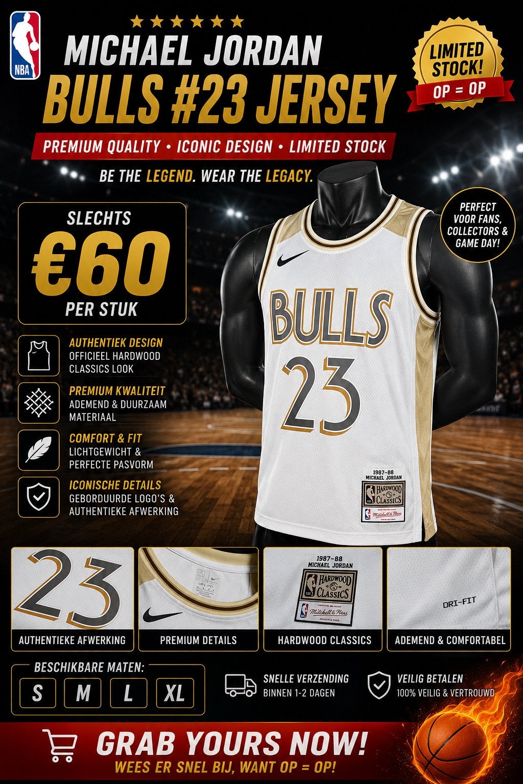 Michael Jordan Bulls #23 Jersey, Wit, Nieuw, Overige maten, Ophalen of Verzenden