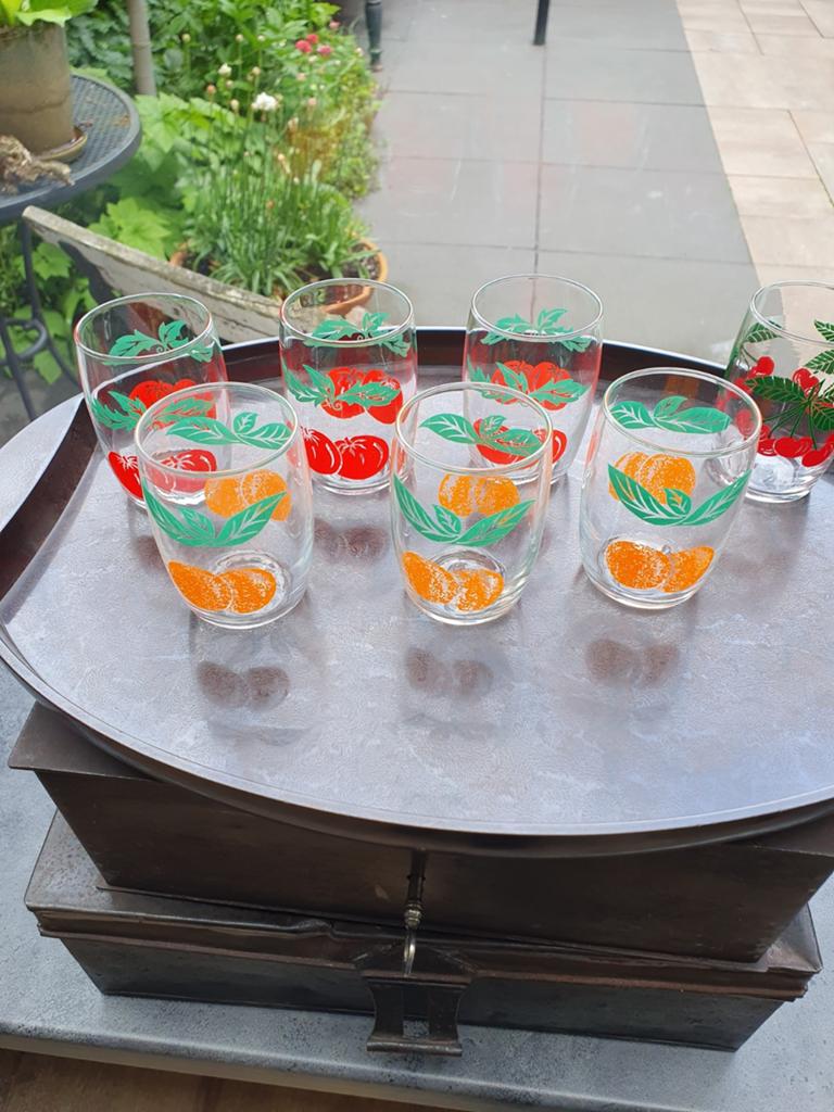 Vintage glazen met fruitprint - set van 7, Huis en Inrichting, Keuken | Servies, Ophalen of Verzenden, Glas