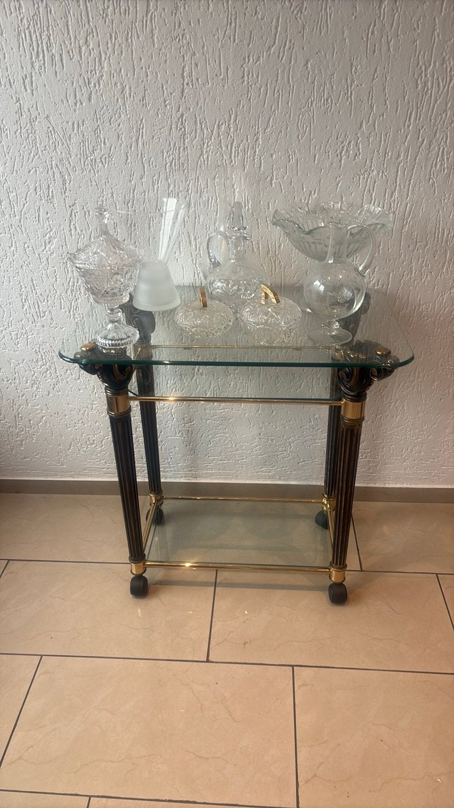 Glazen serveerwagen met kristallen servies, Ophalen of Verzenden