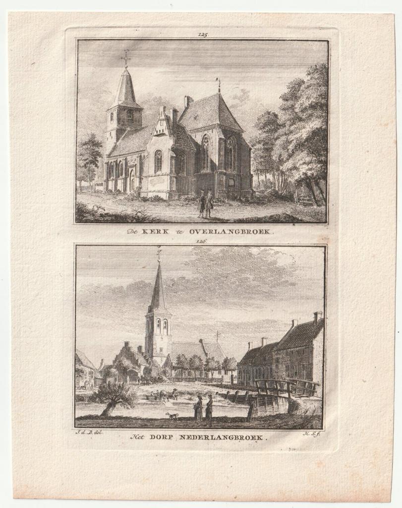 kerk Overlangbroek dorp Nederlangbroek gravure ca. 1750, Antiek en Kunst, Kunst | Etsen en Gravures, Verzenden, Gravure, Dubbele gravure