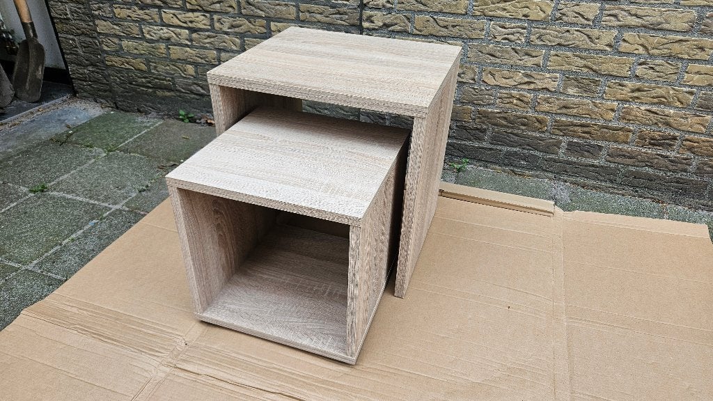 Bijzettafel set wit eiken, 2 stuks, groot en klein, Huis en Inrichting, Tafels | Bijzettafels, Minder dan 55 cm, Vierkant, Zo goed als nieuw