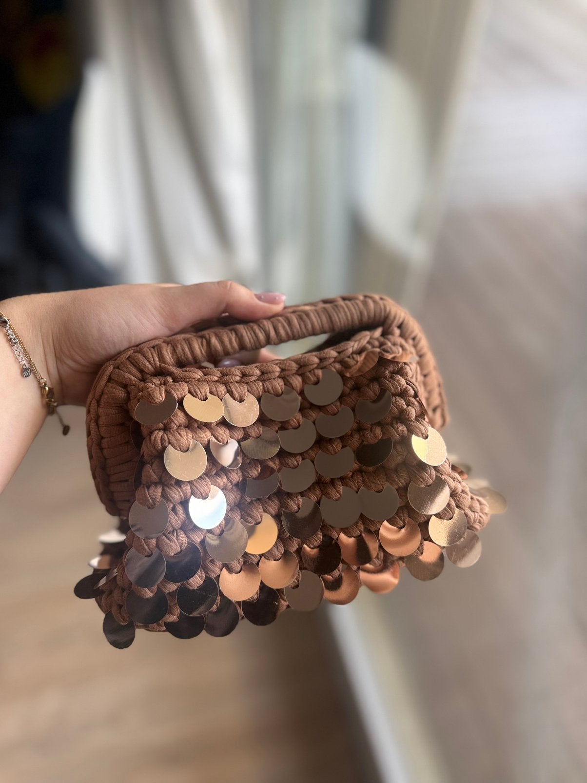 Handgemaakte clutch met pailetten, Bruin, Nieuw, Ophalen of Verzenden, Kleiner dan 17