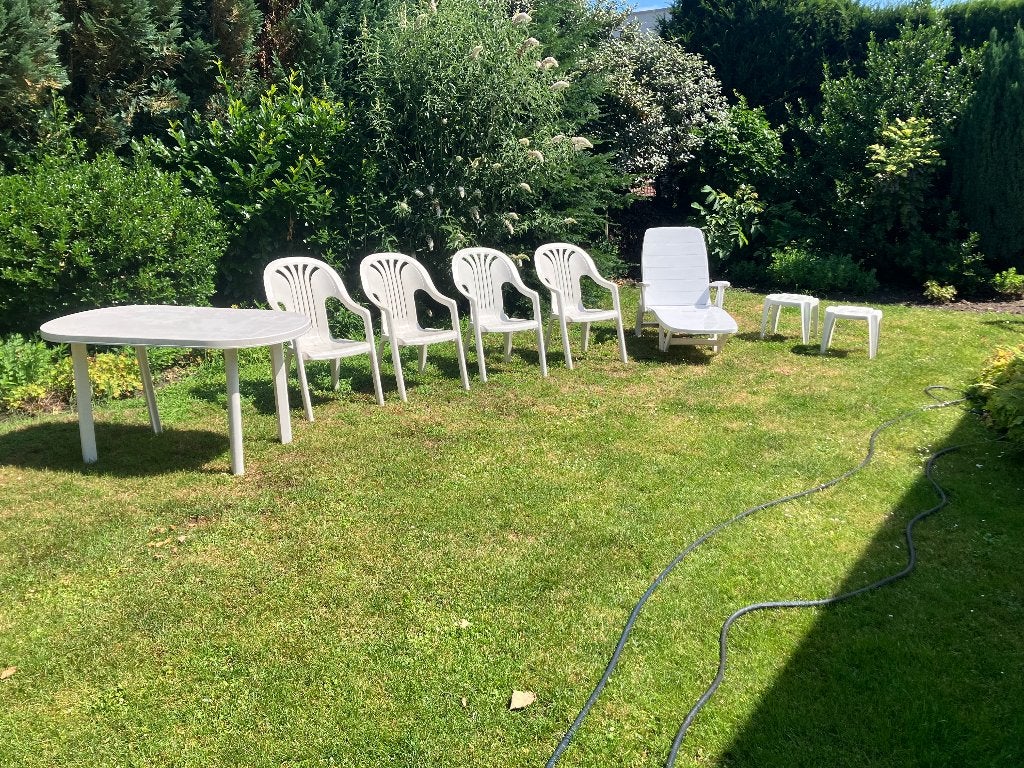 Tuinset, wit kunststof, in goede staat, Ophalen, Bank, Kunststof, Gebruikt