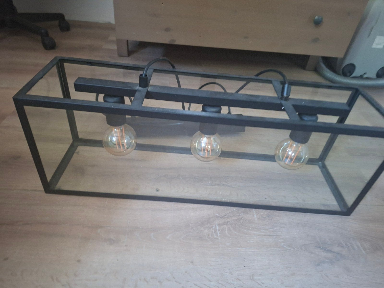 Industriële hanglamp met 3 Edison lampen, Ophalen, Gebruikt, E27 (groot), Glas