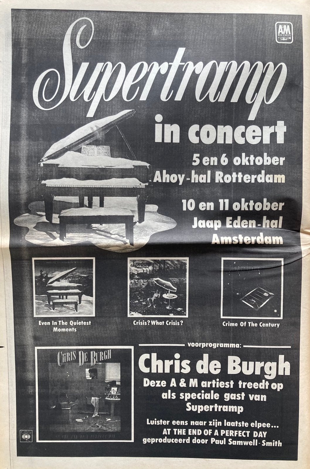 Paginagrote A3 advertentie SUPERTRAMP AHOY / Edenhal, Cd's en Dvd's, Vinyl | Pop, Ophalen of Verzenden, Zo goed als nieuw
