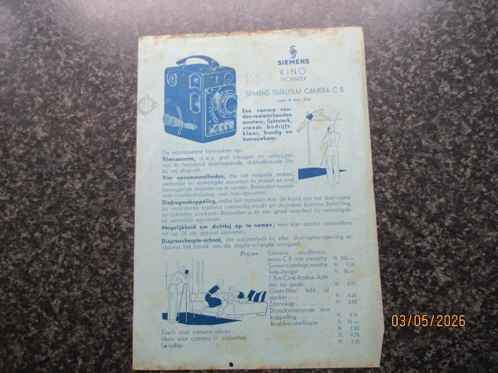 OUDE RECLAMEFOLDER- SIEMENS KINO TECHNIEK-CAMERA C8+H8-c1939, Ophalen of Verzenden, Gelezen, Folder