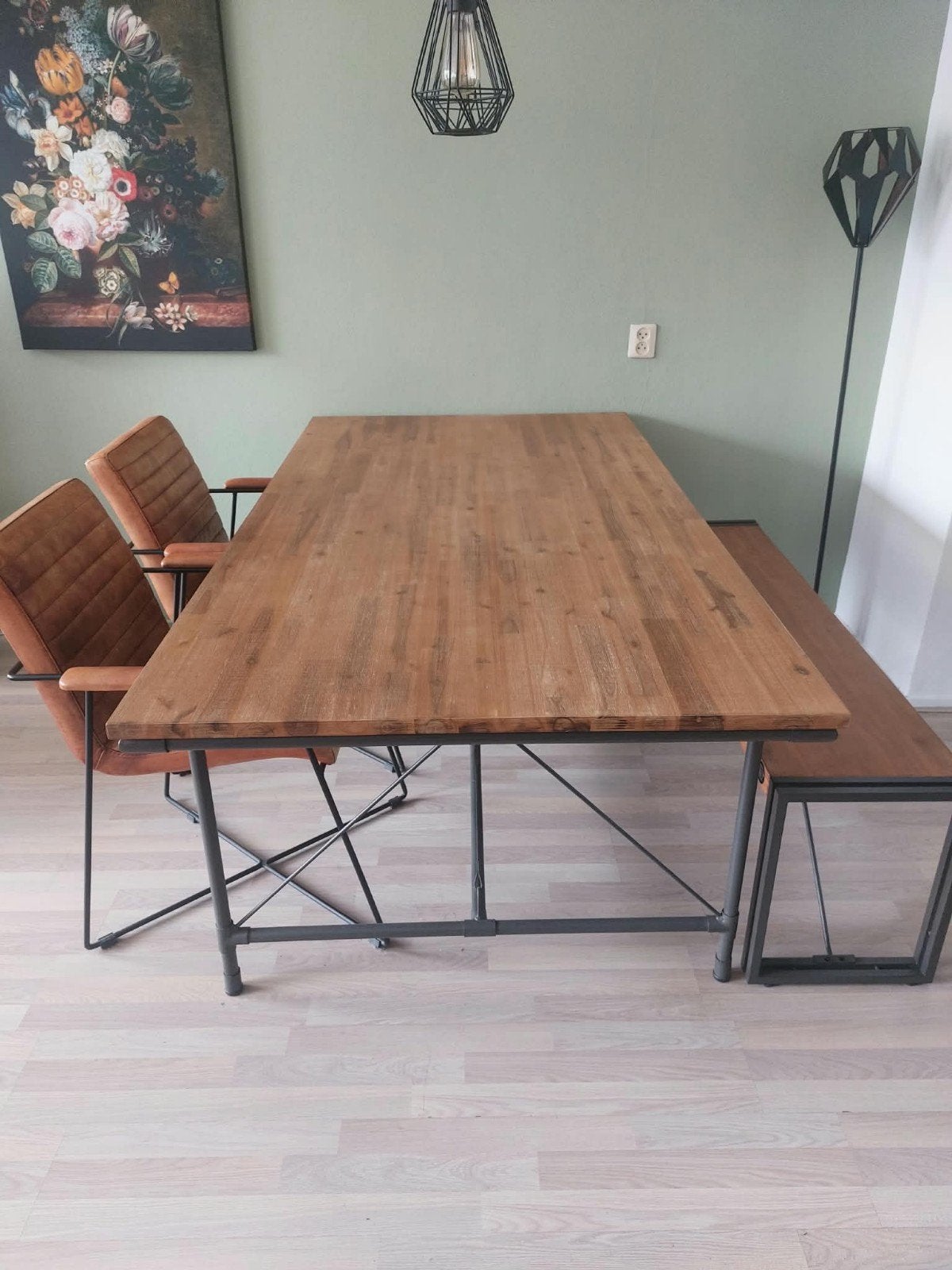 industriële eettafel/2 leren stoelen Cognac/Zitbank/MOETWEG, Huis en Inrichting, Ophalen, 50 tot 100 cm, Zo goed als nieuw, Vier personen