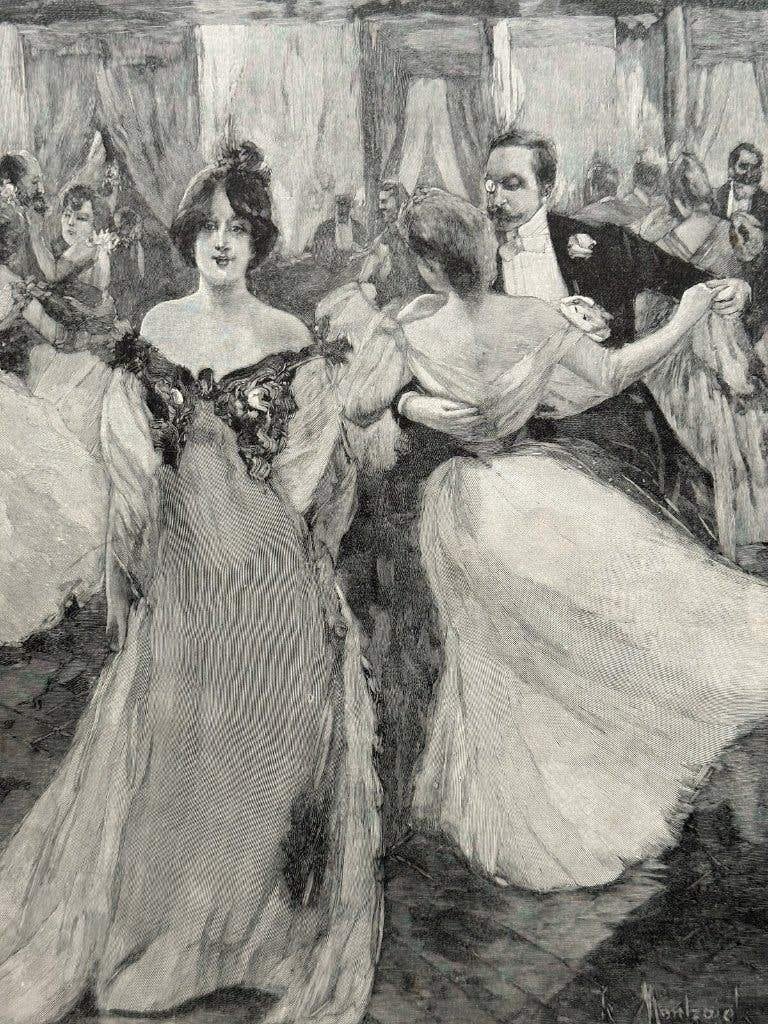 Antieke houtgravure - Bal, de Boston-wals - Montzaigle 1897, Met passe-partout, 1800 - 1899, Verzenden, 35 cm