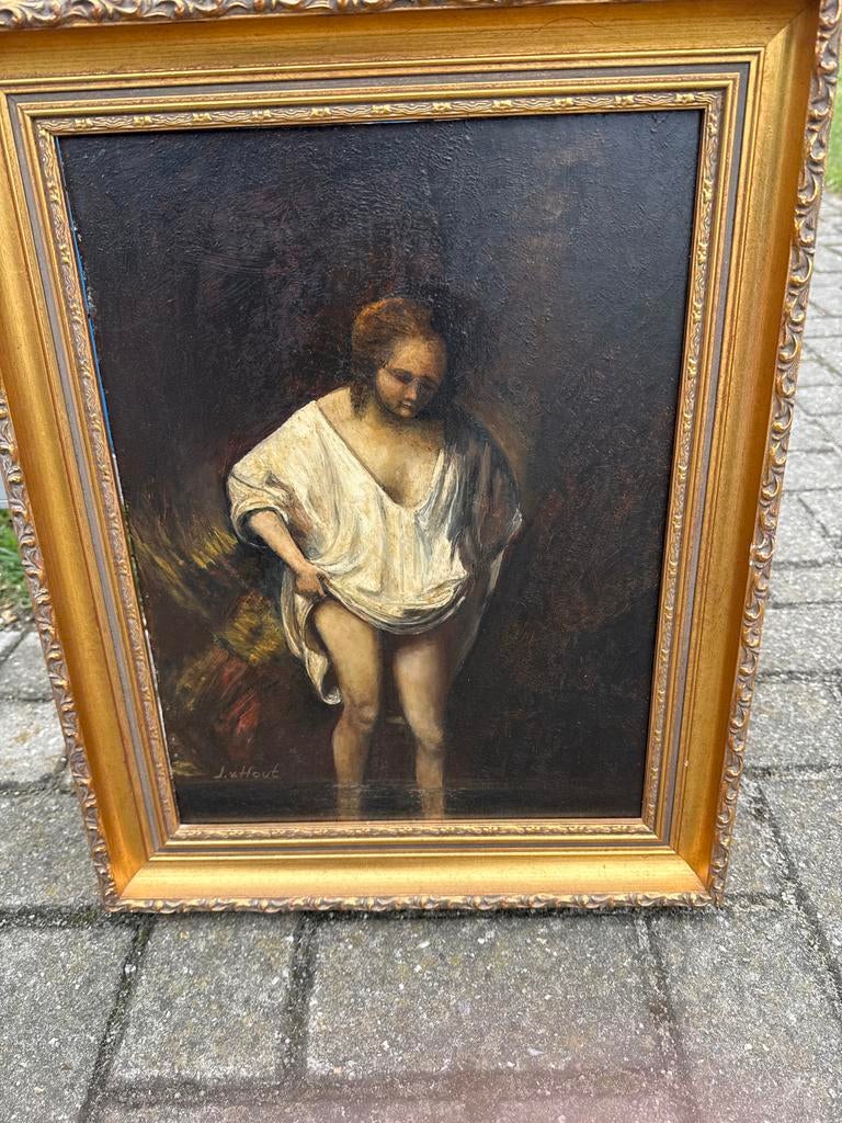 Schilderij 'De Badende Vrouw' naar Rembrandt, gesigneerd, Ophalen