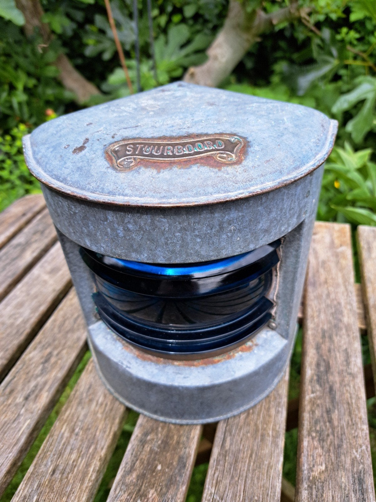 Antieke Stuurboord Scheepslamp - Blauw Glas, Ophalen of Verzenden