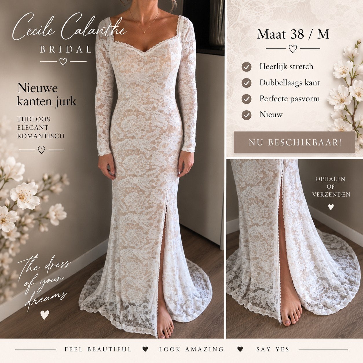 prachtige trouwjurk nieuw kant 38 m nieuw beige ivory, Maat 38/40 (M), Galajurk, Beige, Nieuw