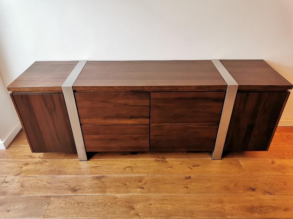 Dressoir noten hout met RVS - 220x55cm, Ophalen, Met plank(en), Zo goed als nieuw, 200 cm of meer