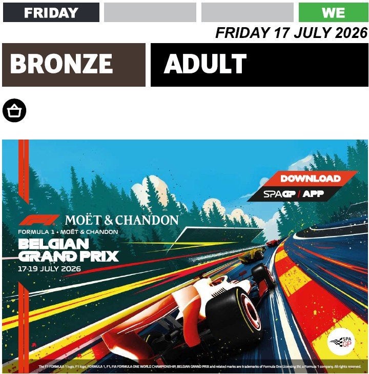 GP F1 brons ticket vrijdag 17/07/26 in Spa, Eén persoon, Juli
