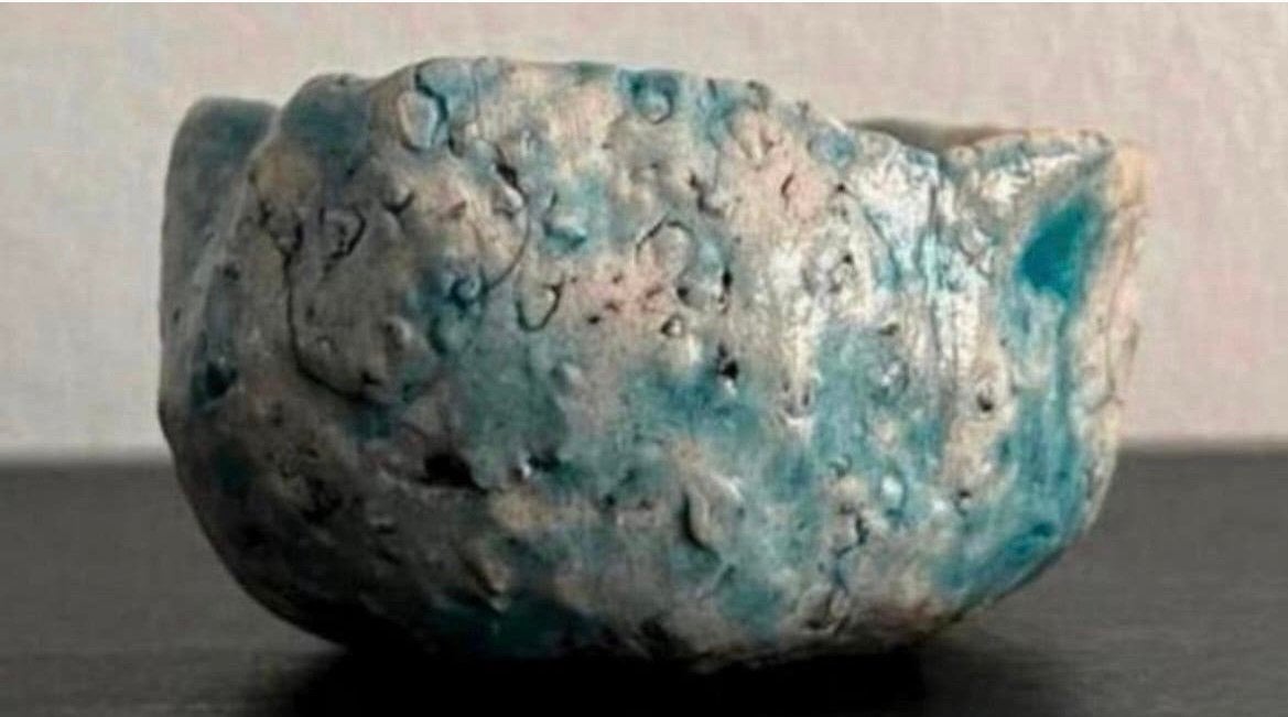 Bonsai potje handgemaakt crème-blauw gemerkt 5,3x3,3-2,5, Rond, Ophalen of Verzenden, Zo goed als nieuw, Aardewerk