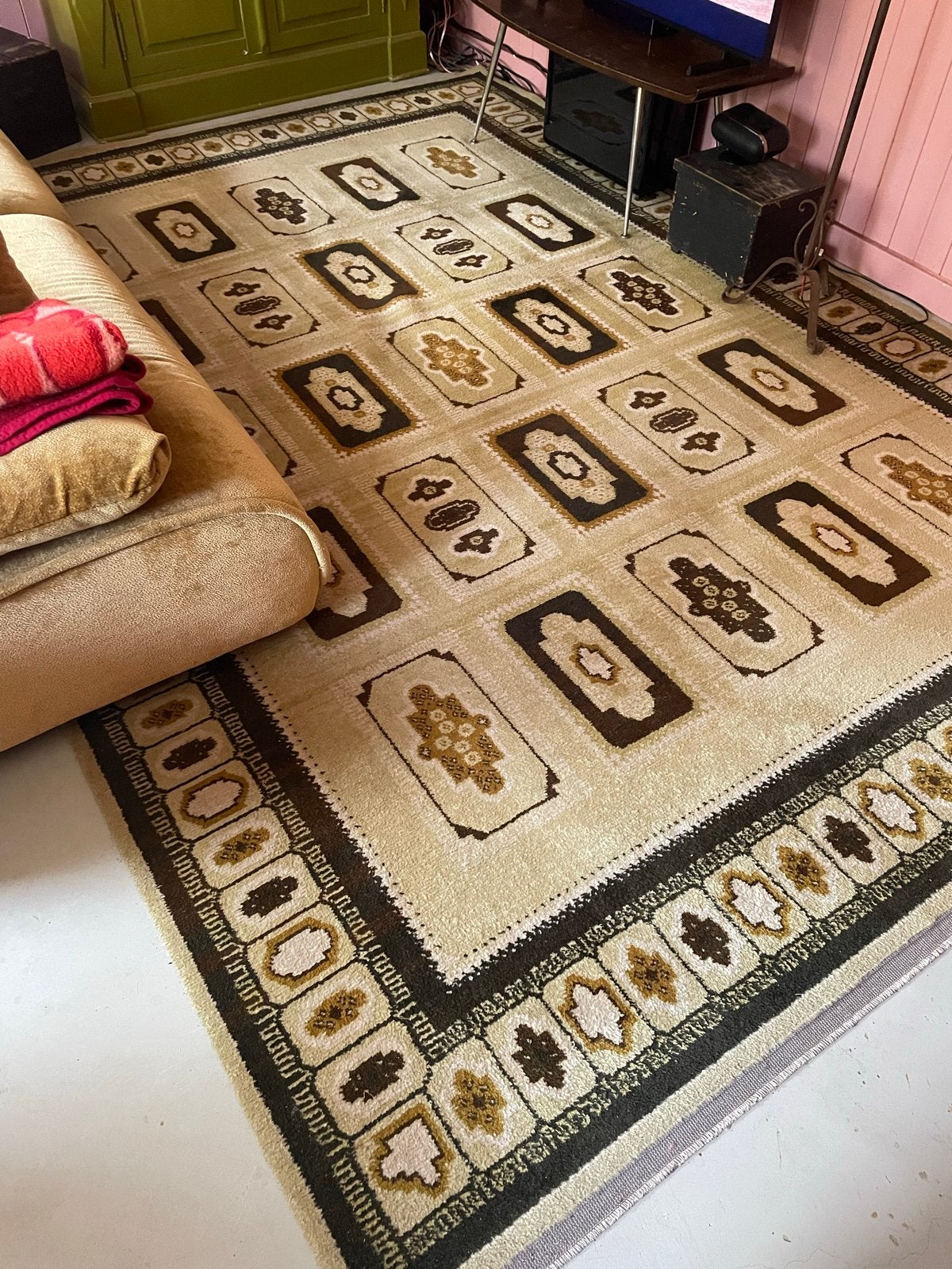 Vintage groot wollen vloerkleed - kelim - groen geel bruin, Ophalen, Gebruikt, 200 cm of meer, 200 cm of meer