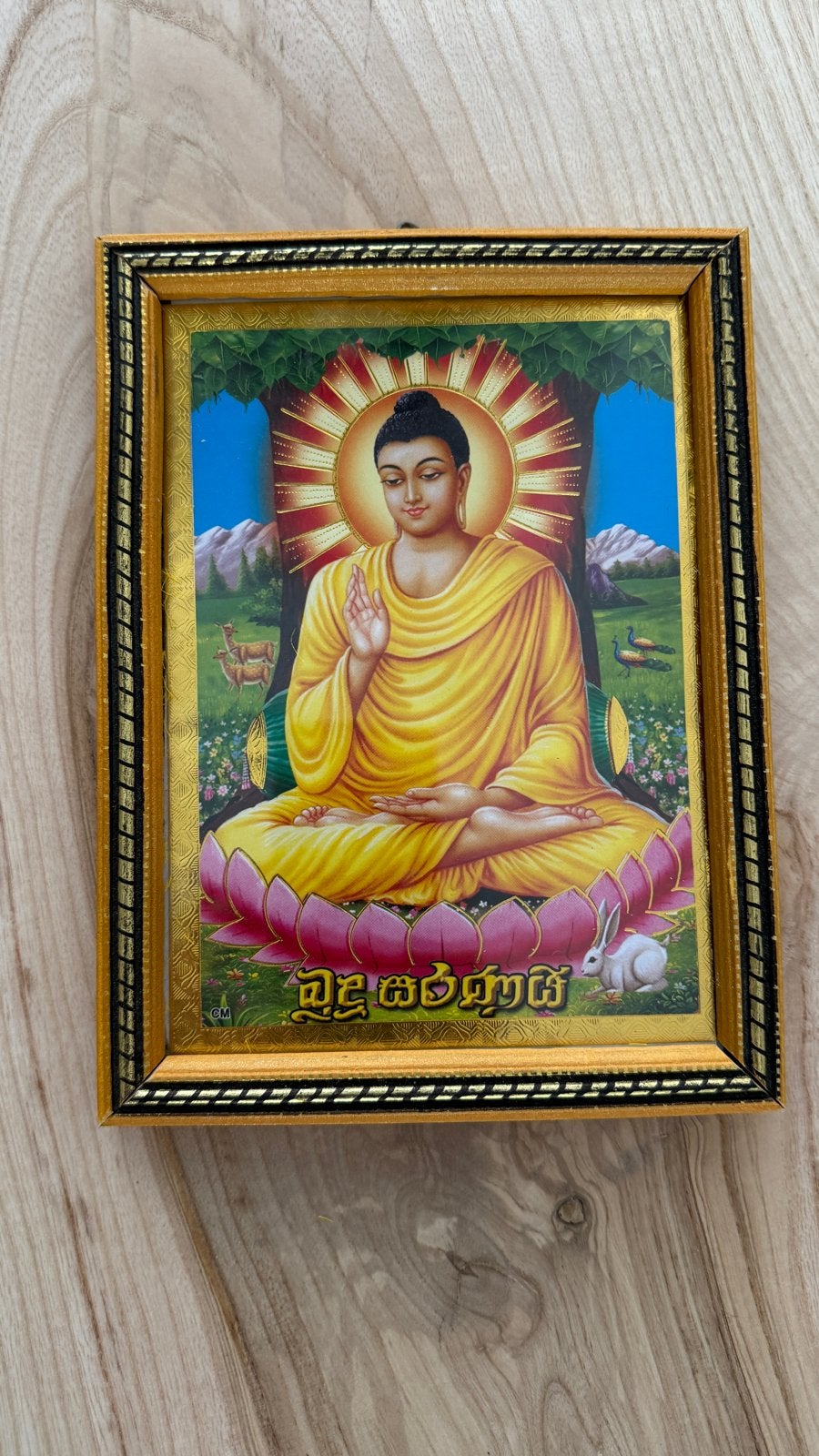 Boeddha schilderij in lijst - 15 cm hoog, Ophalen of Verzenden, Gebruikt, Overige materialen, Meerkleurig