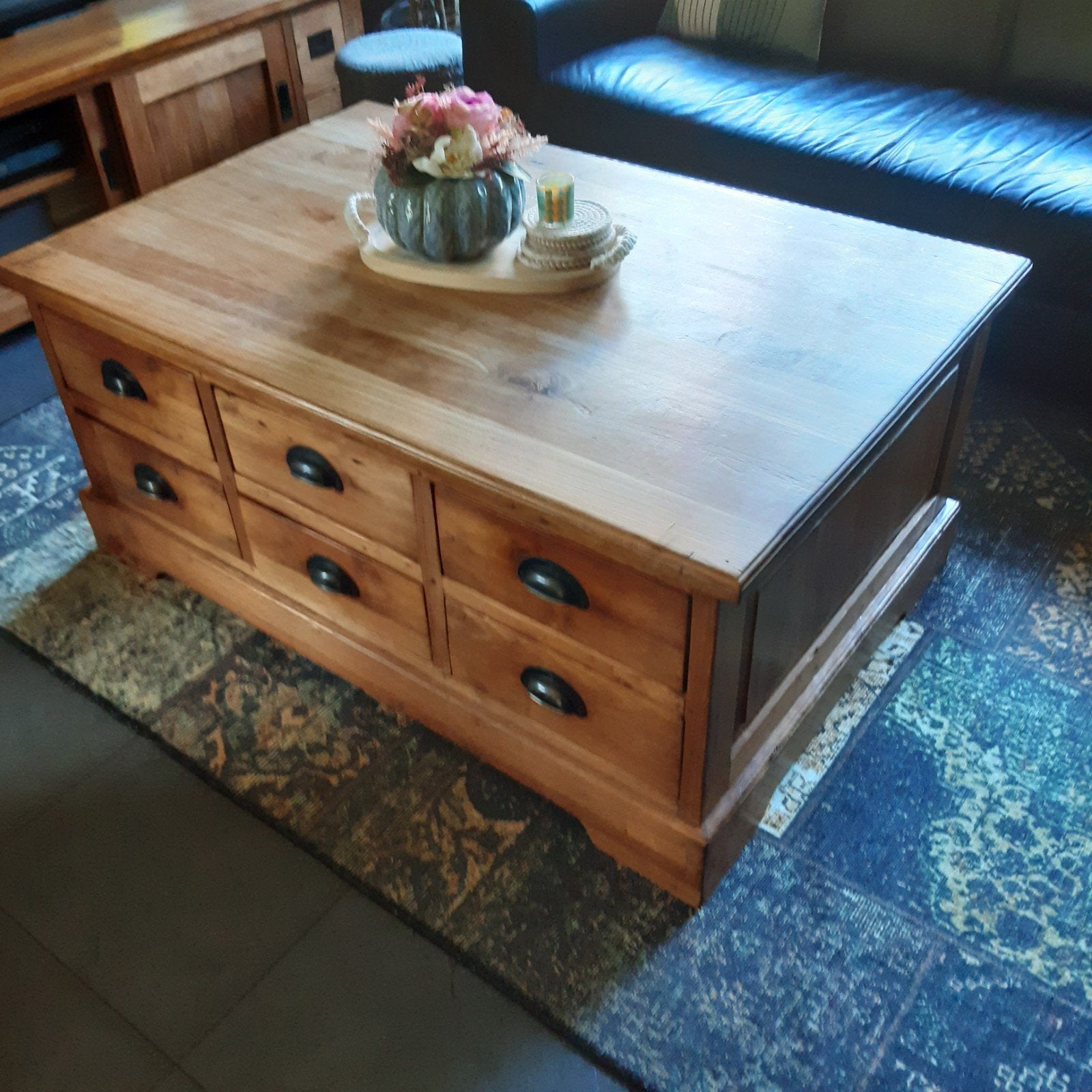 Teak salontafel salonkist met 12 lades, Ophalen, Gebruikt, 100 tot 150 cm, Teakhout