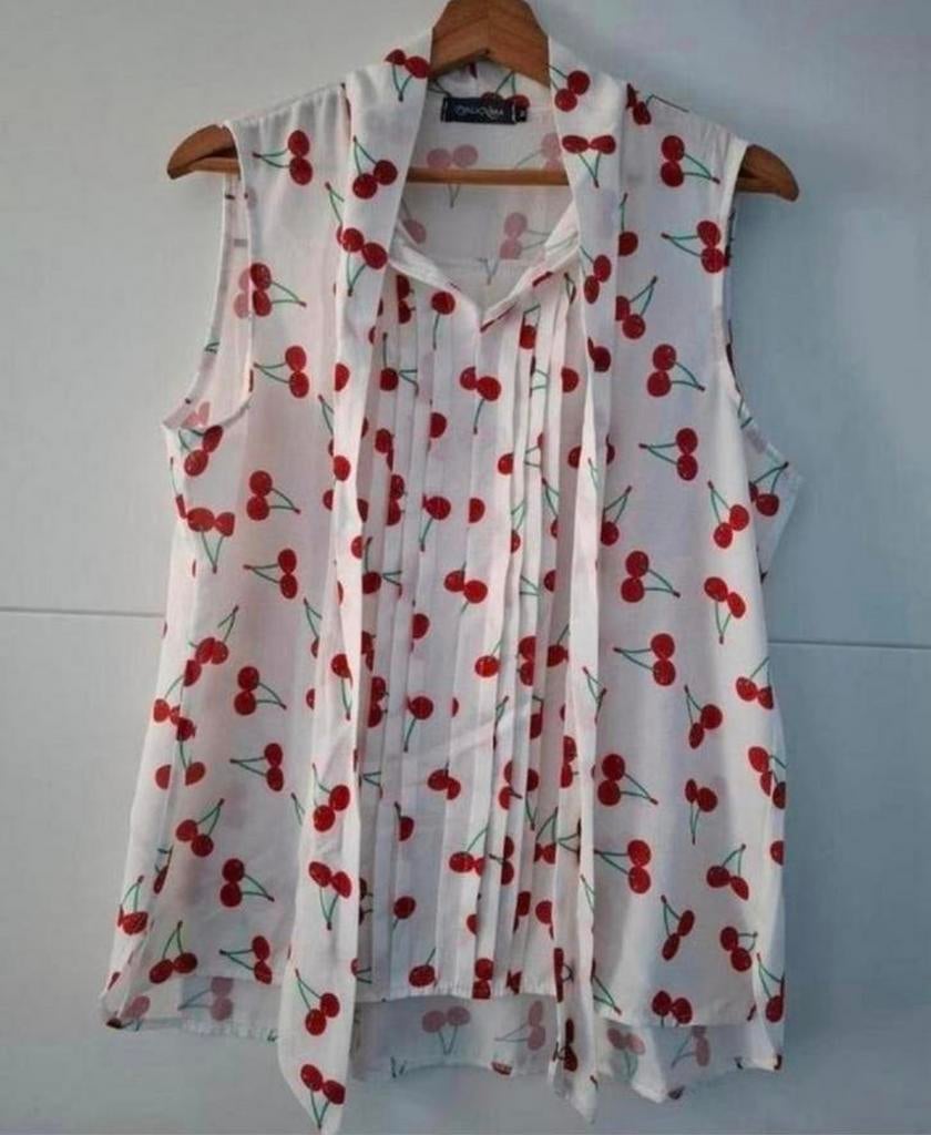 Frisse witte blouse met kersmotief Perla Nera maat M 40/42, Wit, Ophalen of Verzenden, Zo goed als nieuw, Korte mouw