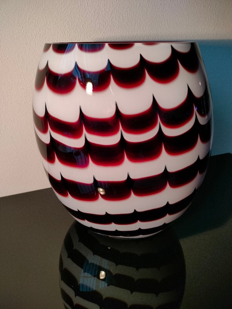 Murano Design Glas Vaas Zebra Bordeaux Rood Wit Zwaar, Antiek en Kunst, Ophalen of Verzenden