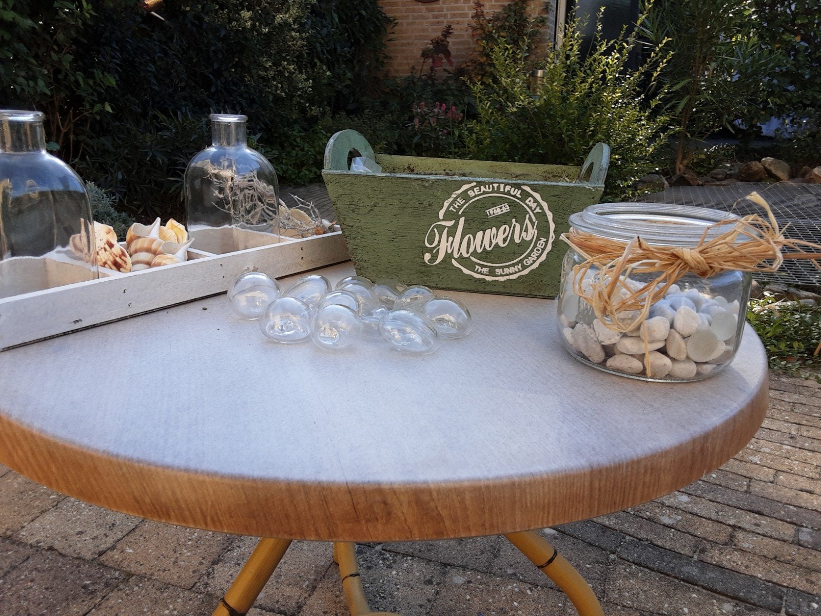 Decoratie set: bakjes, steentjes, schelpjes etc., Ophalen, Gebruikt, Glas, Brocante