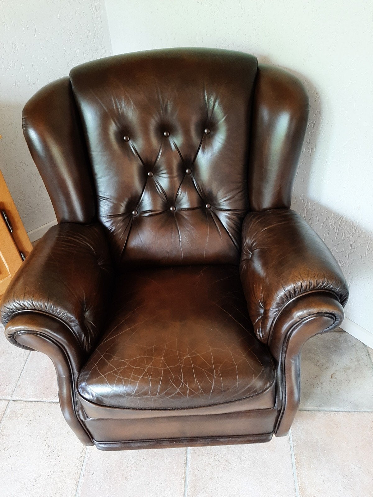 Leren Chesterfield Fauteuil - Bruin, Ophalen, Gebruikt, Chesterfield, 75 tot 100 cm
