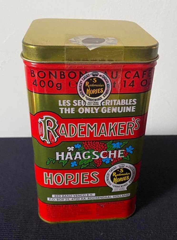 Blik van Rademakers Haagsche Hopjes. 400 gr. Hoogte 15 cm., Ophalen of Verzenden, Zo goed als nieuw, Overige, Overige merken