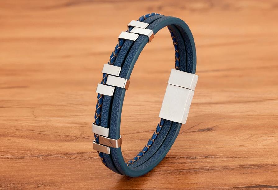 Heren Blauwe Stalen Leren Armband, Verzenden, Nieuw, Blauw, Leer