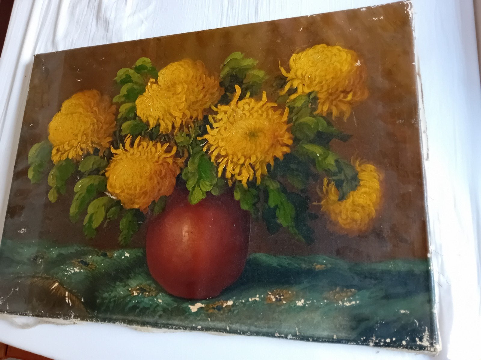 Oud schilderij met gele chrysanten in vaas, Antiek en Kunst, Bloemen, Oud hollands, Handgeschilderd, Olieverf