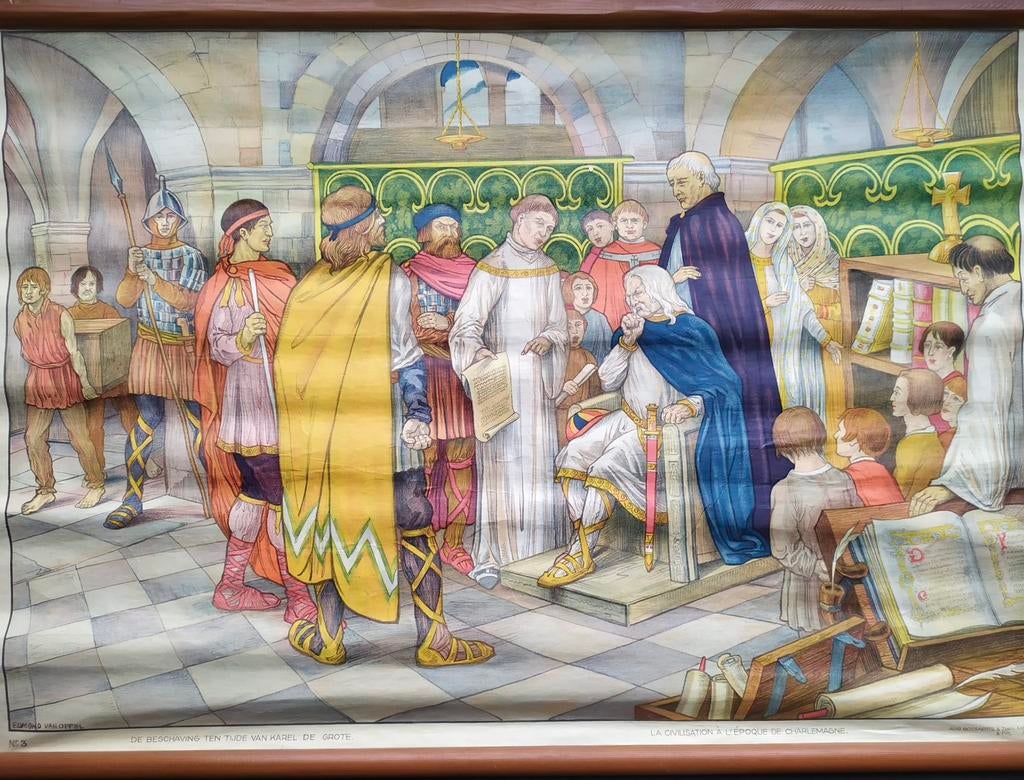 Schoolplaat De Beschaving ten tijde van Karel de Grote, Antiek en Kunst, Antiek | Schoolplaten, Ophalen of Verzenden, Geschiedenis