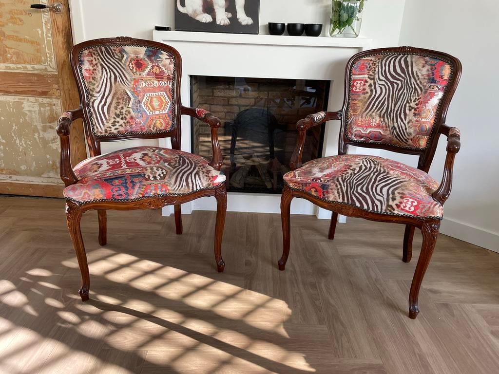 Set van 2 Barok fauteuils met unieke bekleding, Huis en Inrichting, Stoelen, Ophalen, Gebruikt, Twee, Overige kleuren